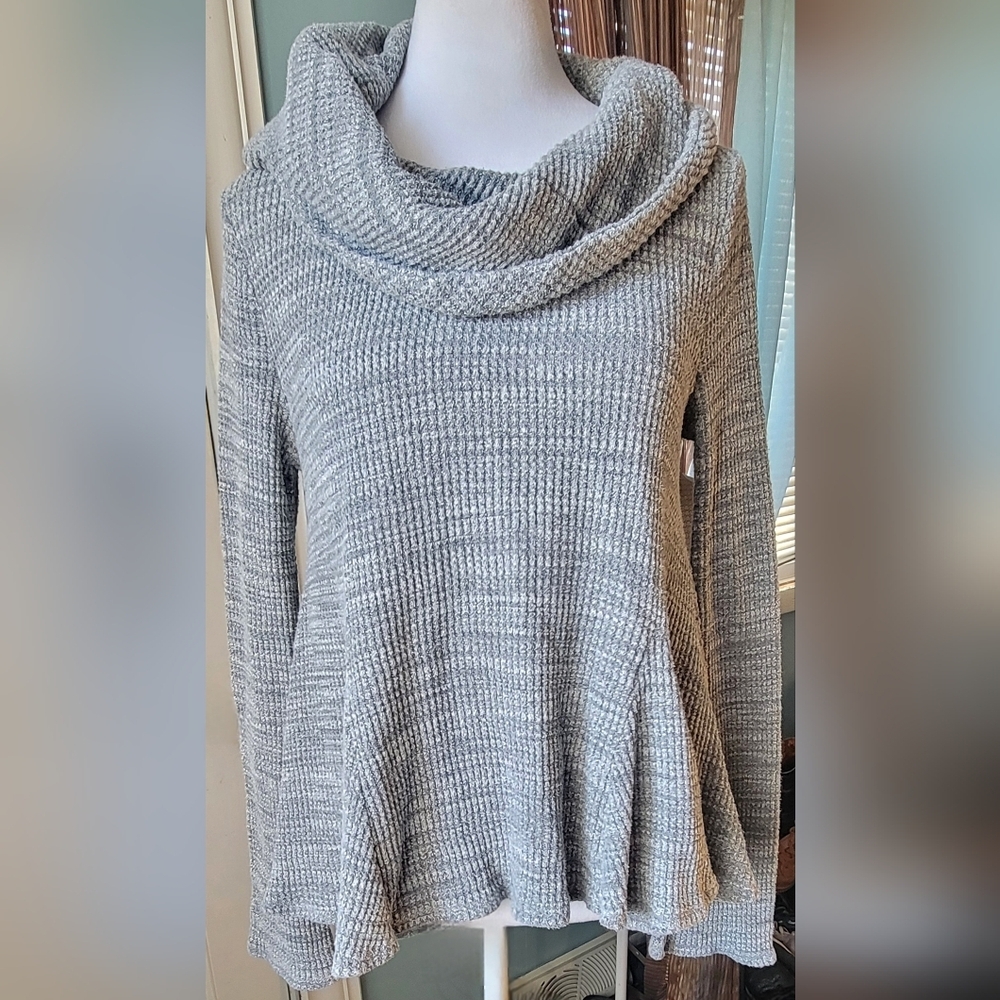 Anthropologie Postmark Maurisa Cowl Neck Flared Sweater Womens XS Grey Waffle Kn